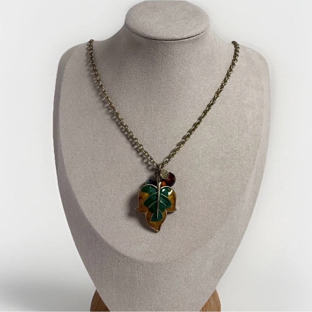 HARVEST Autumn Fall Theme Enamel Leaf Pendant Bead Gold Chain Necklace Y2K Style